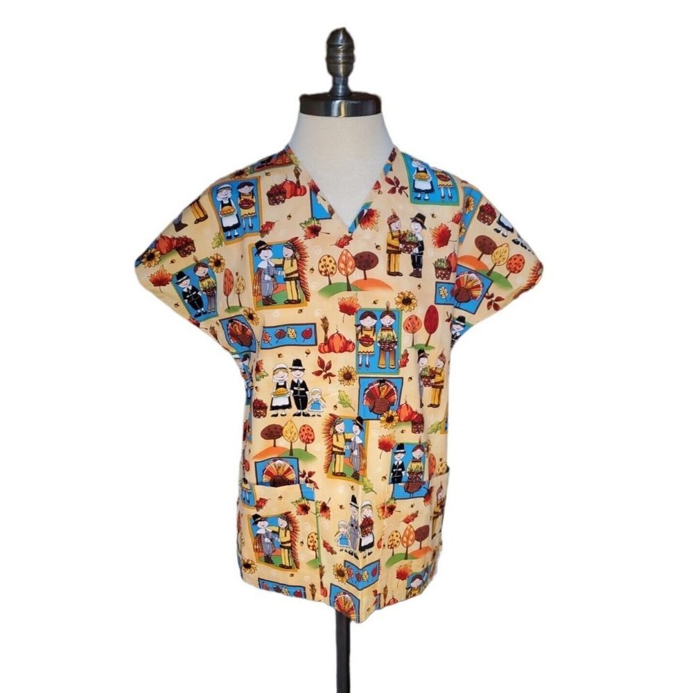 Size XS Comfy Cotton Womens Thanksgiving Scrub Top Pilgrims Native Americans